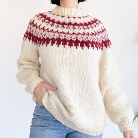 Cream Chunky Oversized  Knit Cowichan Fair Isle Icelandic Fisherman Cabincore - Picture 3 of 10